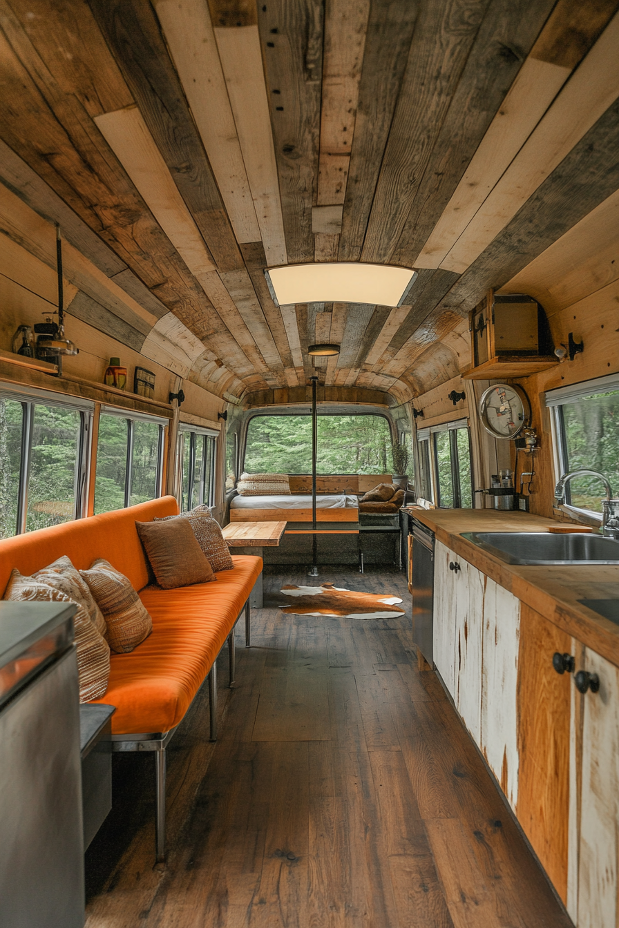 Short bus interior. Reclaimed wood paneling, steel furnishings, pitched amidst forest campgrounds.