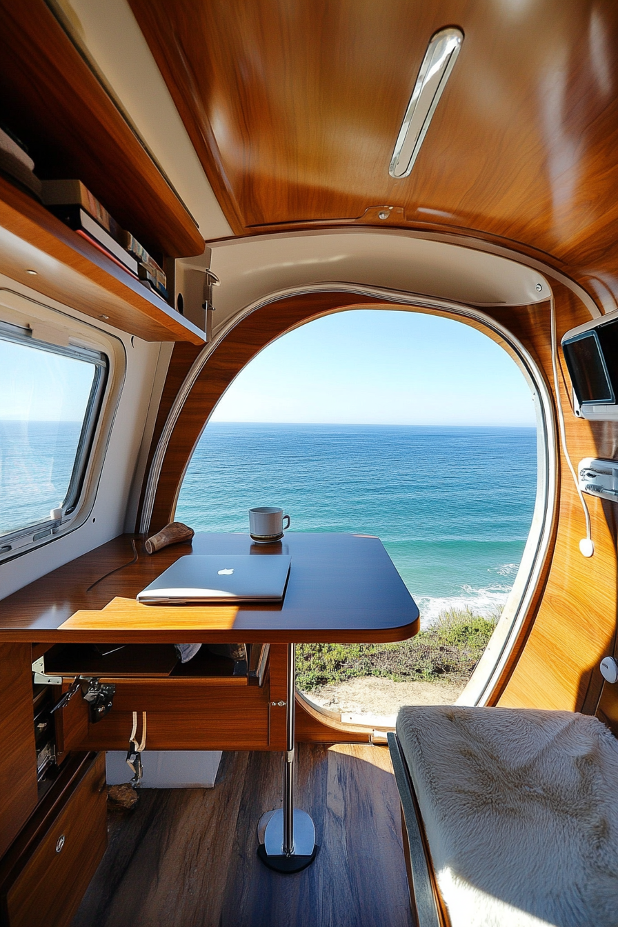 Teardrop trailer. Expandable side office, glossed mahogany standing desk, panoramic ocean view.