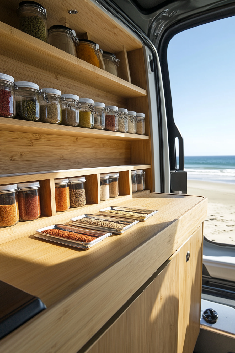 Mercedes Sprinter. Vertical bamboo counter with built-in spice rack, beachside.