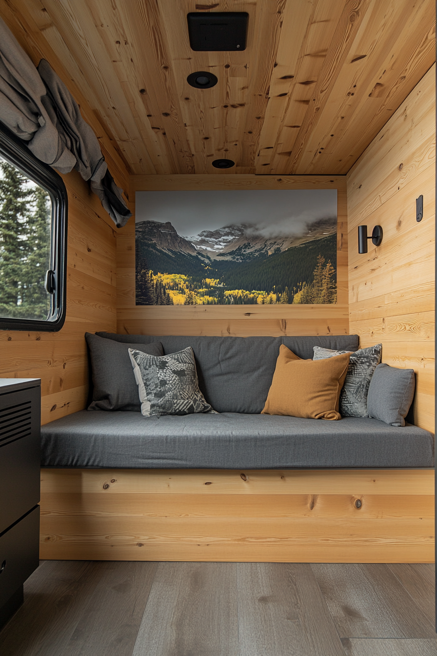 Sprinter 170. Cedar walls, black fixtures, sitting area under a mountain landscape photo.