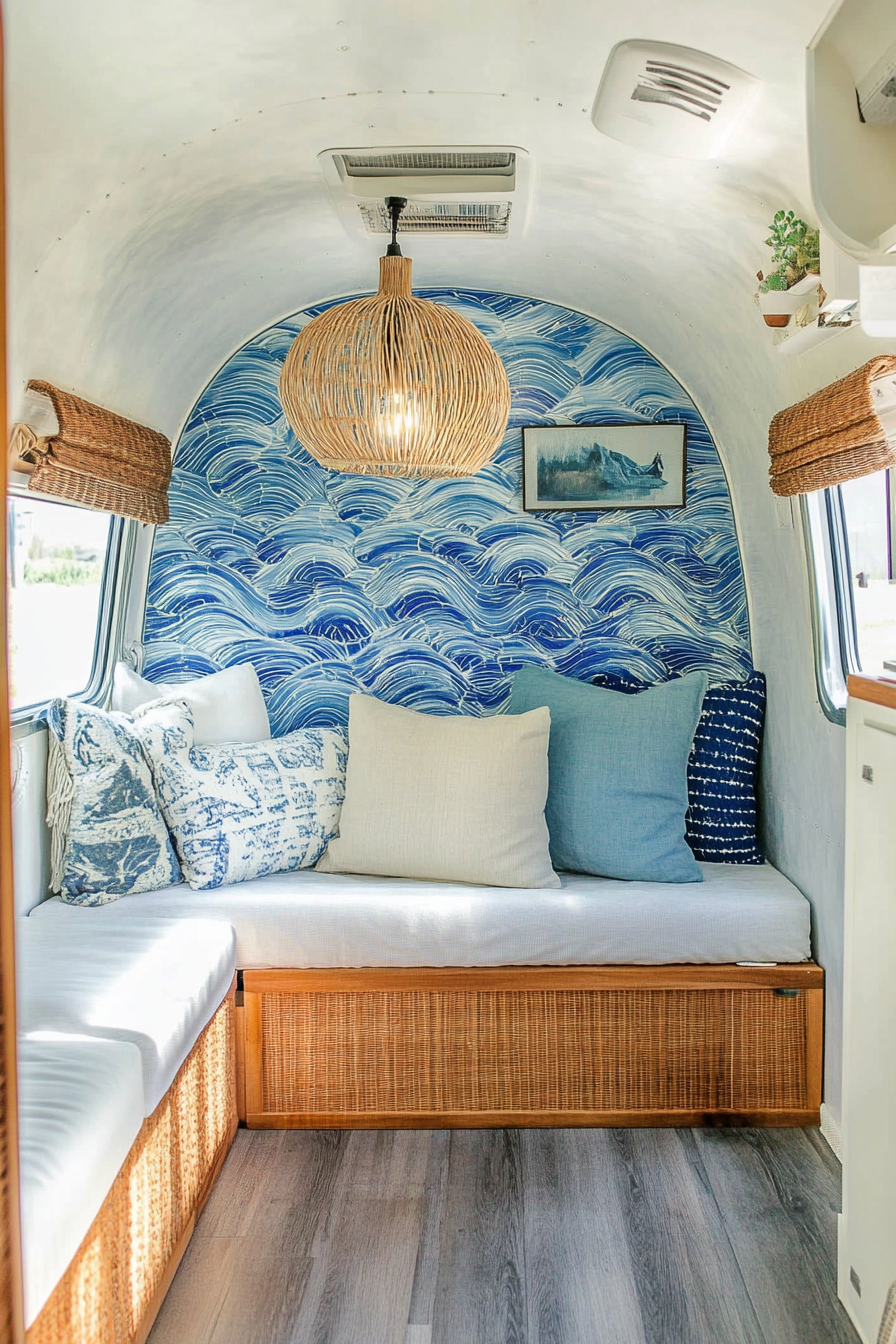 Airstream interior. Blue wave-inspired tiles, rattan light fixture.