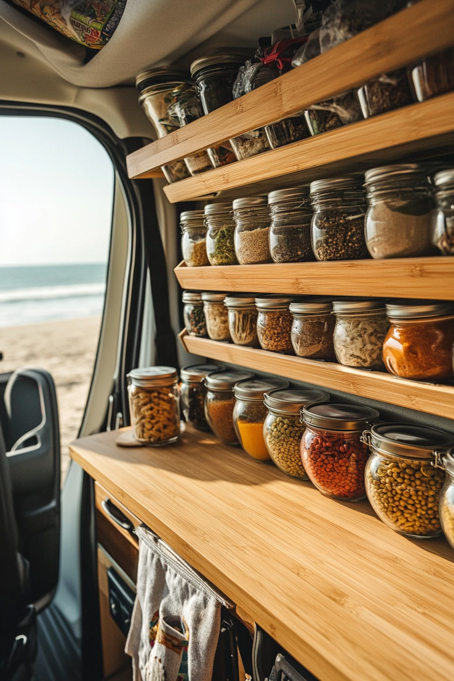 Mercedes Sprinter. Bamboo countertop vertically mounted spice-rack near beach.