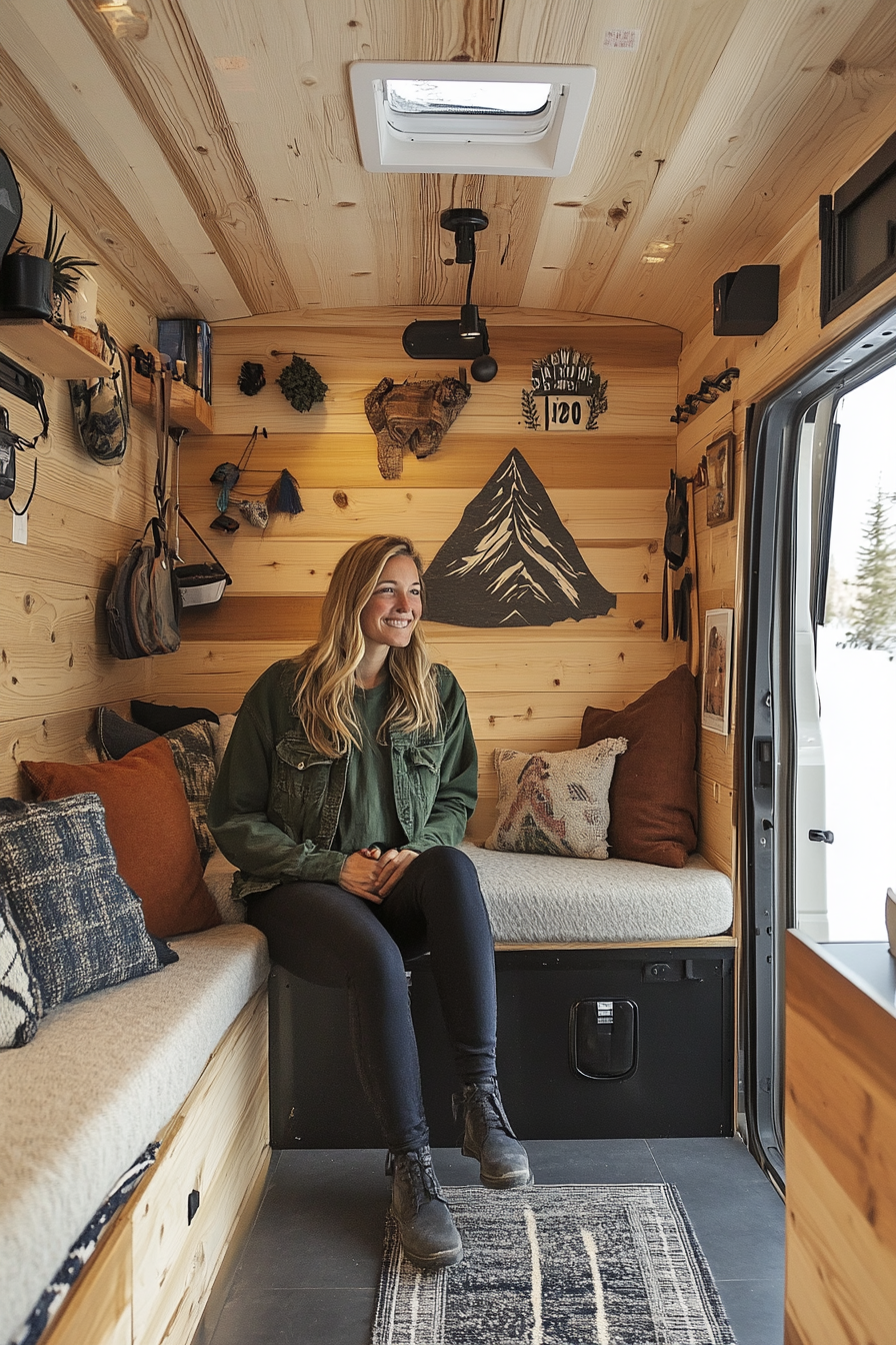 Sprinter 170 interior. Cedar-lined walls with black hardware against a Mountain Ridge Basecamp backdrop.