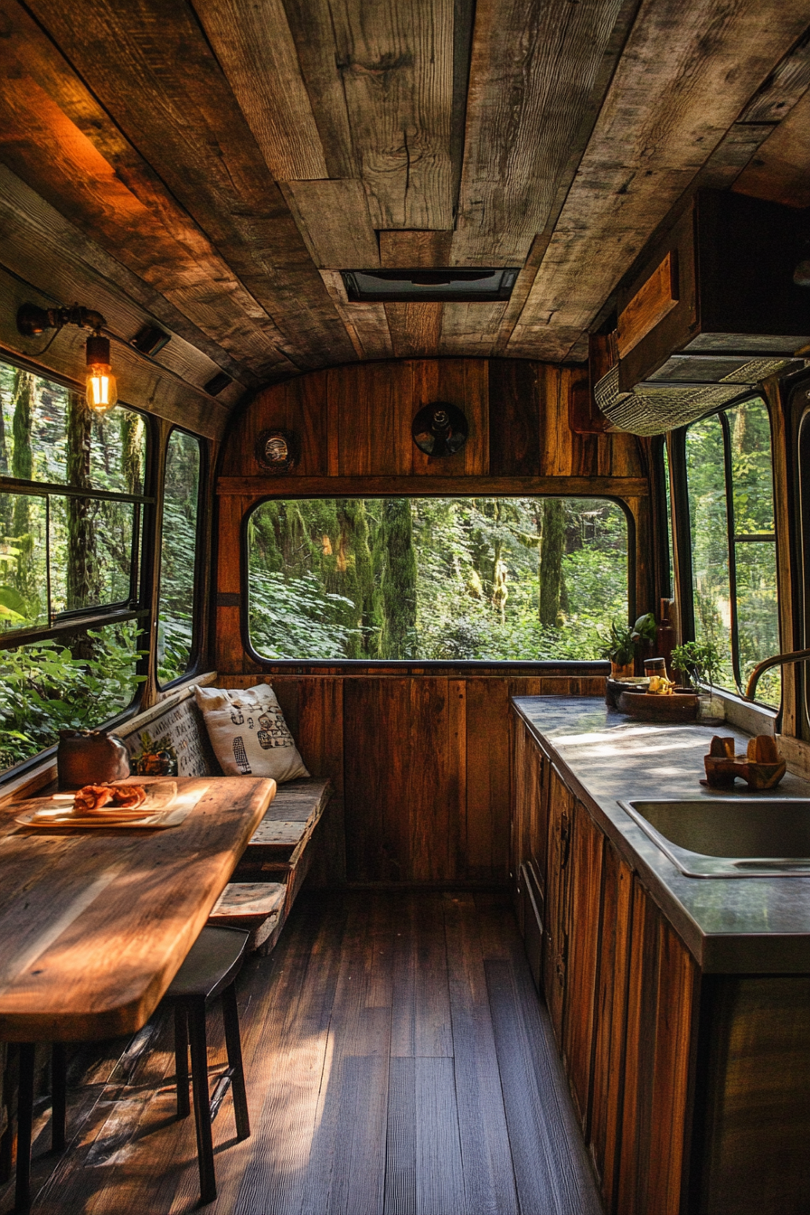 Short Bus Interior. Reclaimed wood panels and steel accents, parked in lush forest.