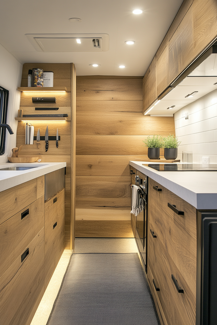 Dodge Ram Van. White oak cabinetry with Mountain Stream architectural finish, hidden pulls.