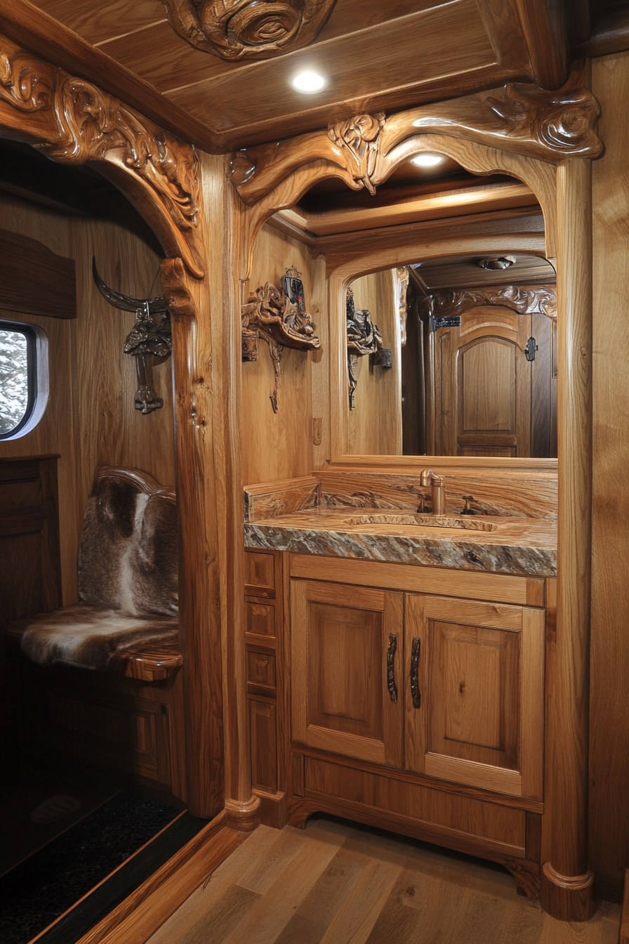 Dodge Ram Van interior. White oak cabinetry with hidden pulls, Mountain Stream camp scene.