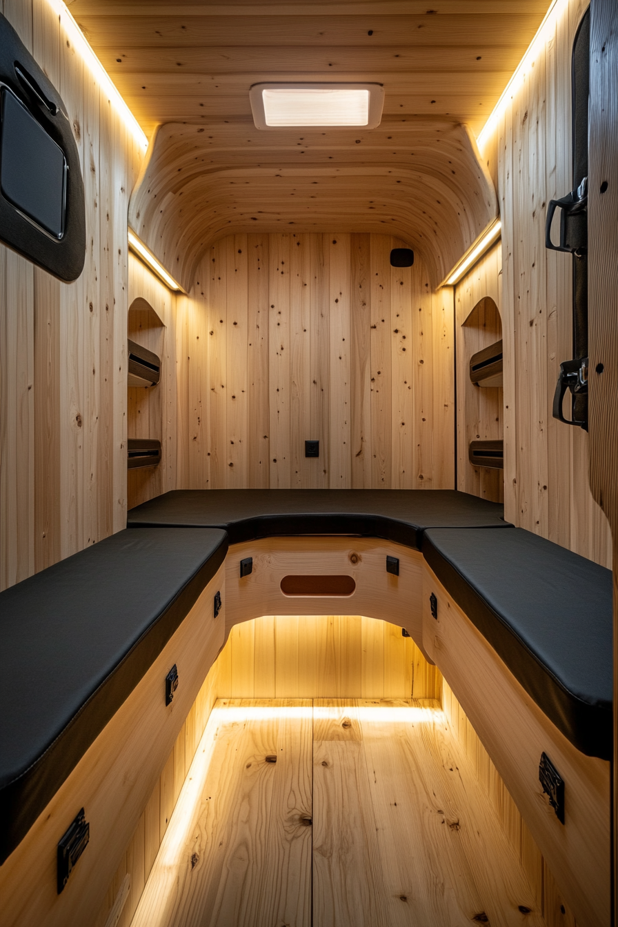 Sprinter 170 interior. Cedar-lined walls and black hardware gripping Mountain Ridge Basecamp.