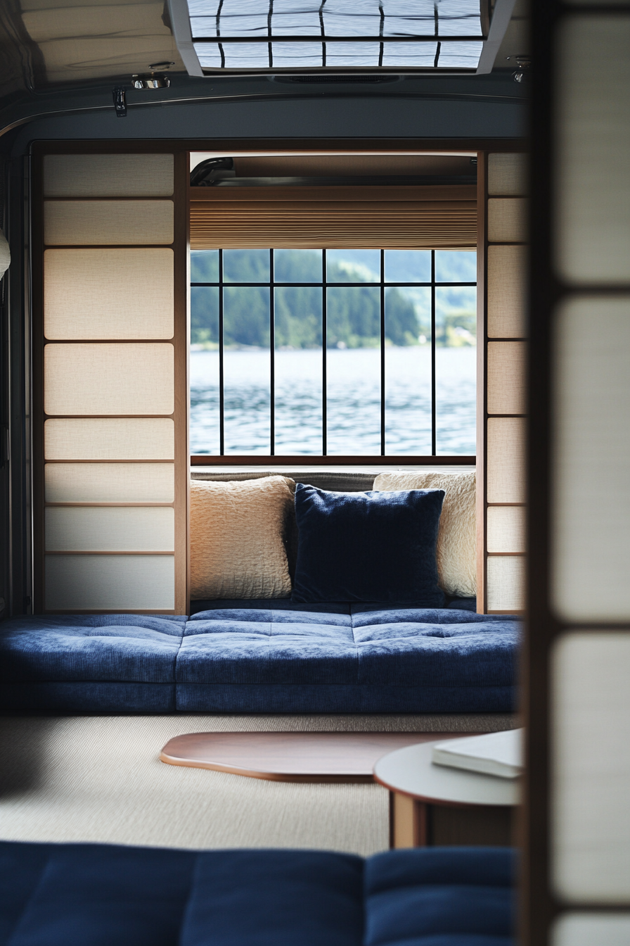 Airstream classic interior. Blue-toned shoji screen divider, velvet floor cushions, lakeside view.