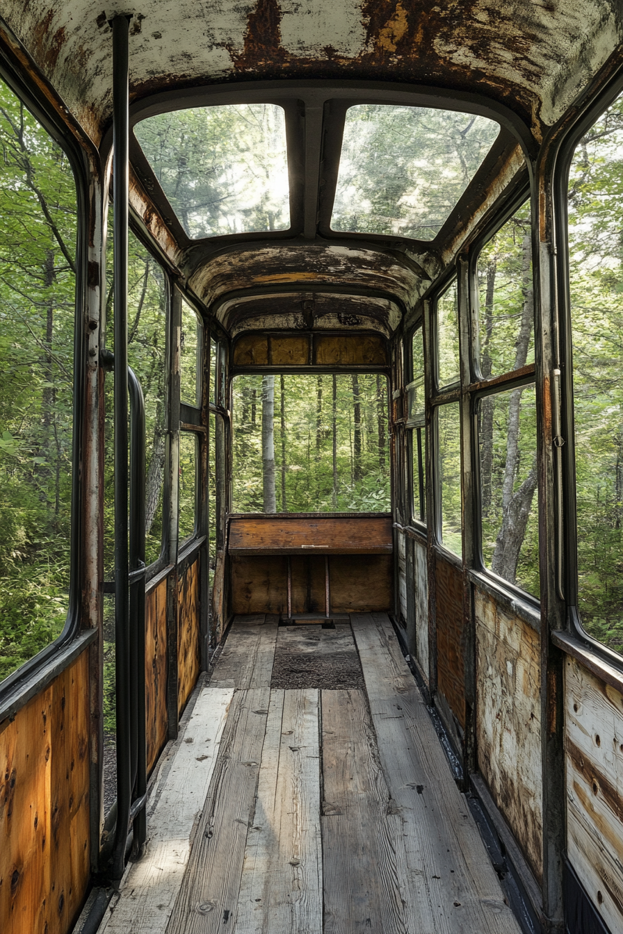 Bus interior. Criss-crossing steel supports against weathered reclaimed wood, amidst forest camping ground.