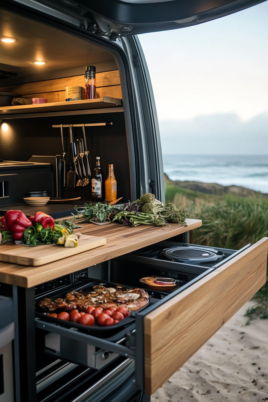 Mercedes Sprinter. Teak fold-down counter with beachside BBQ setup.