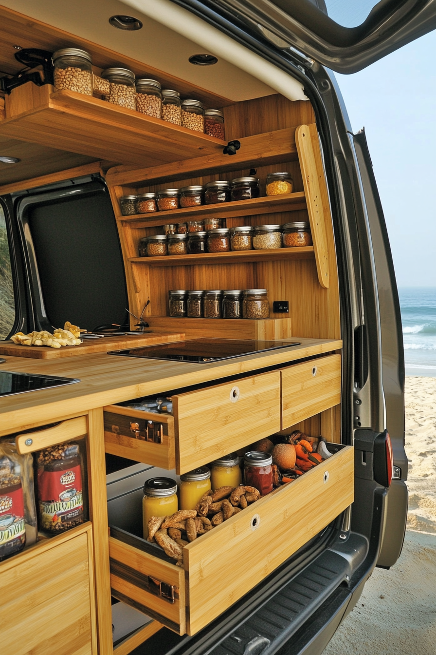 Mercedes Sprinter interior. Fold-down bamboo counter, vertical spice rack, beachside.