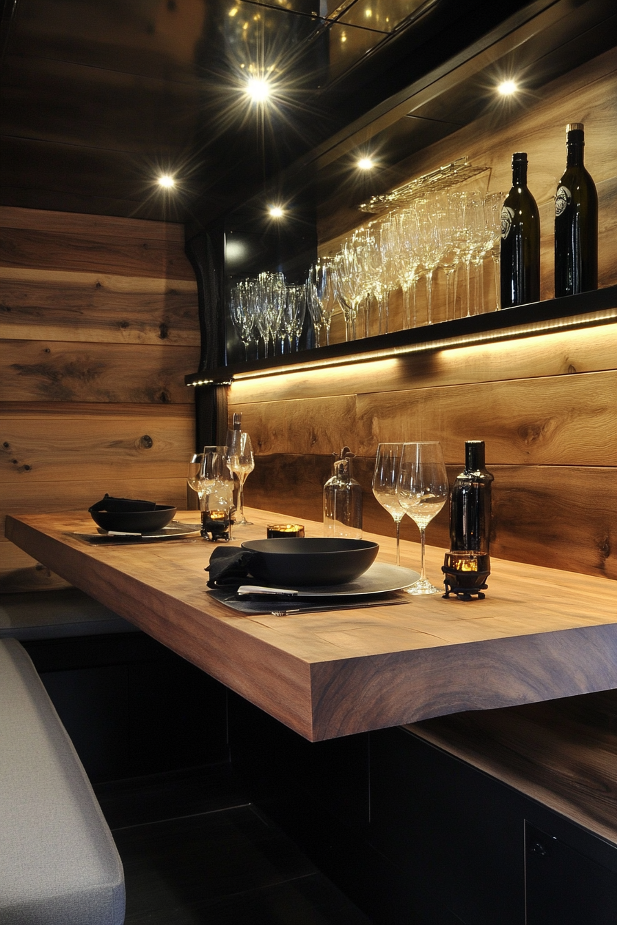 Sprinter 170 interior: cedar lined walls, black hardware, paired with Mountain Ridge Basecamp design.