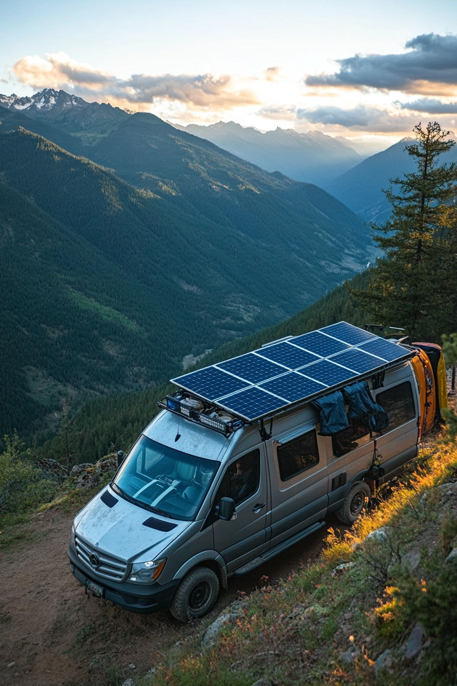 4x4 Sprinter setup. Solar panels on roof with water filtration system in remote mountains.
