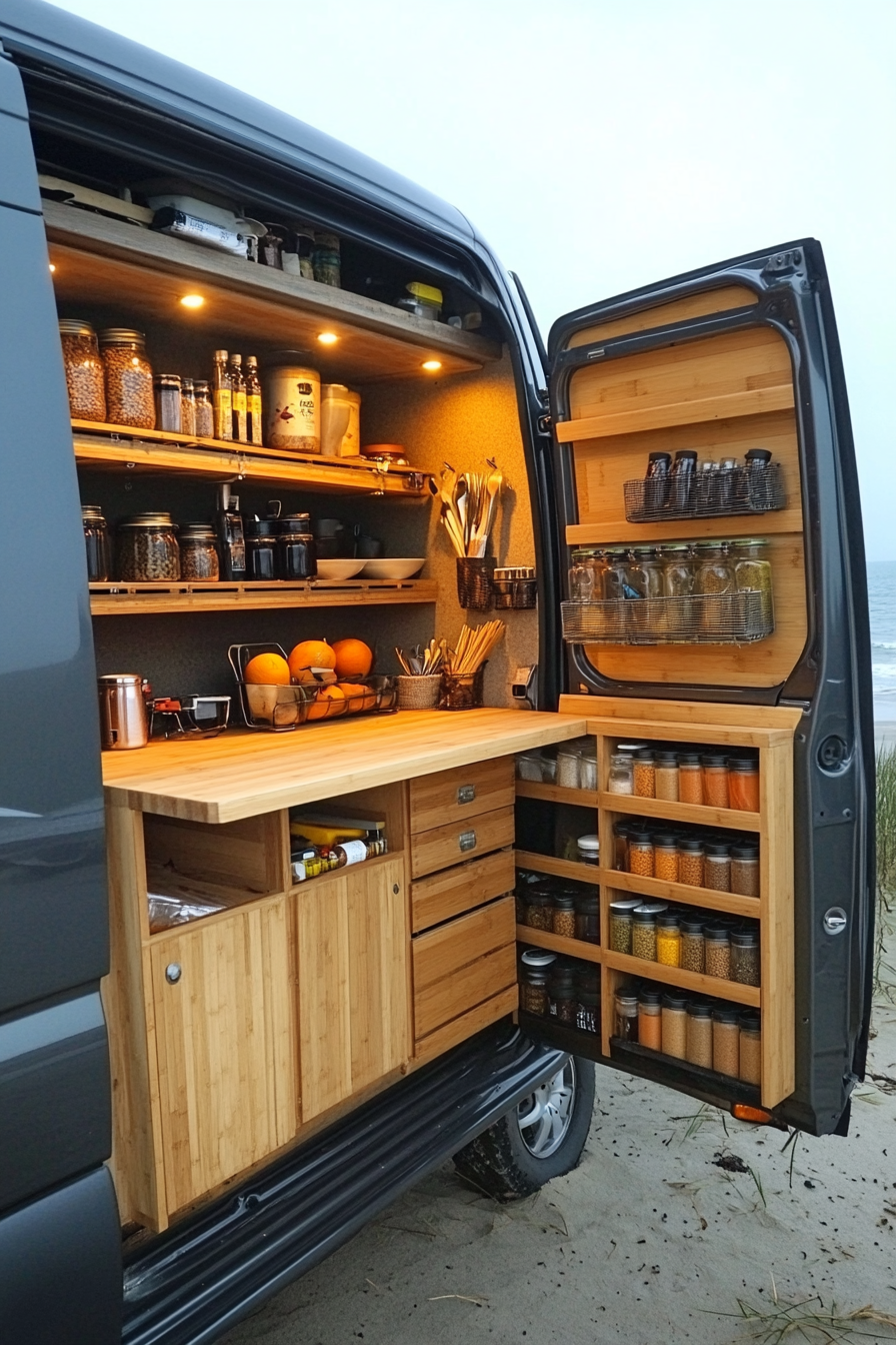 Mercedes Sprinter interior. Fold-down bamboo counter, vertical spice rack near beach.