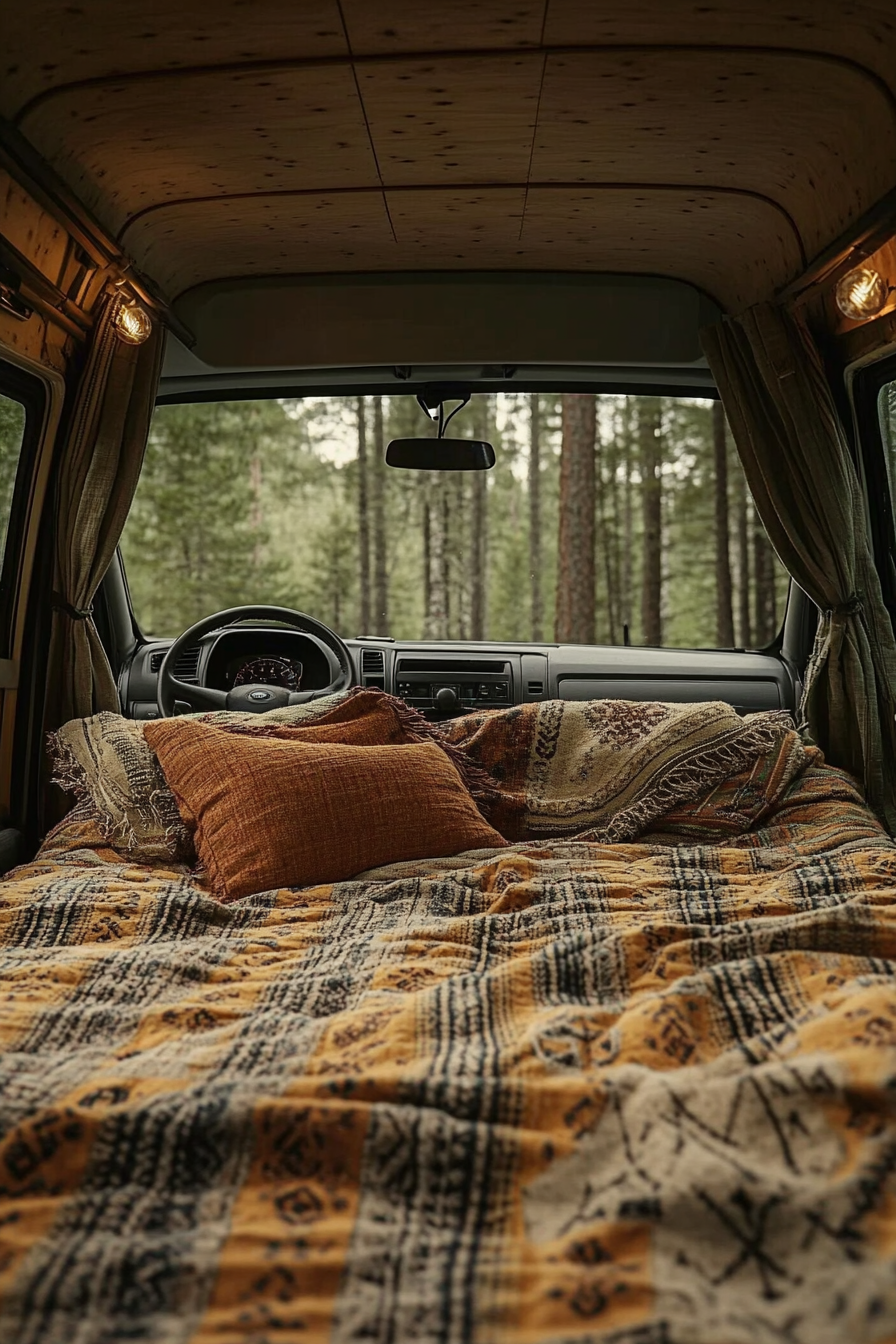 Ford Transit interior. Convertible bed-lounge with sepia-toned woven textiles, situated in dense pine forest.