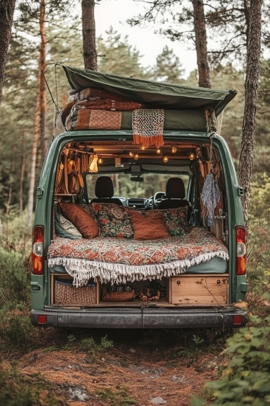 Ford Transit Conversion. Convertible bed-to-lounge adorned with woven textiles, perched amidst pine forest.