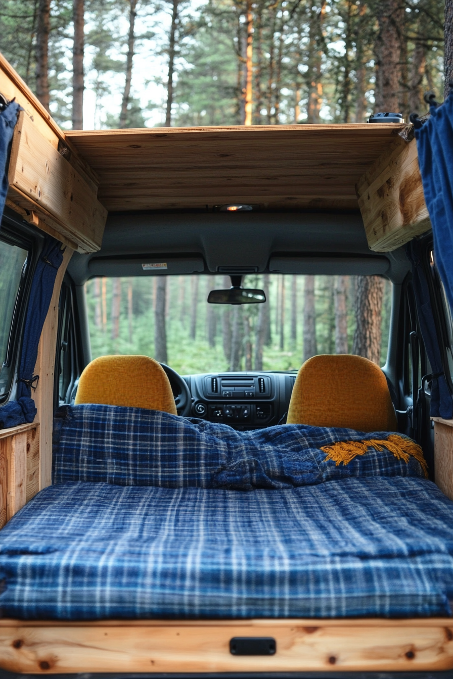 Ford Transit interior. Convertible bed-lounge with deep blue woven textiles in a pine forest.