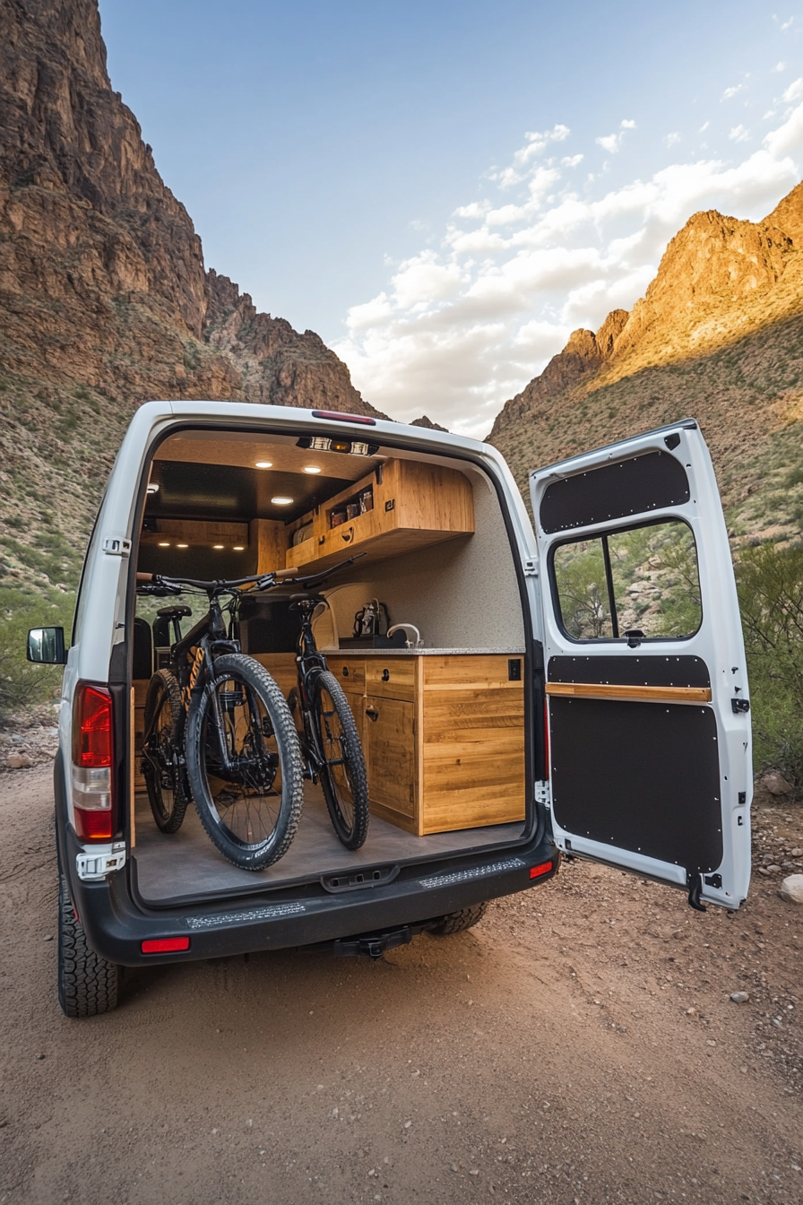 RAM Promaster: desert canyon view, Cinder block seats, hidden as bike storage options.