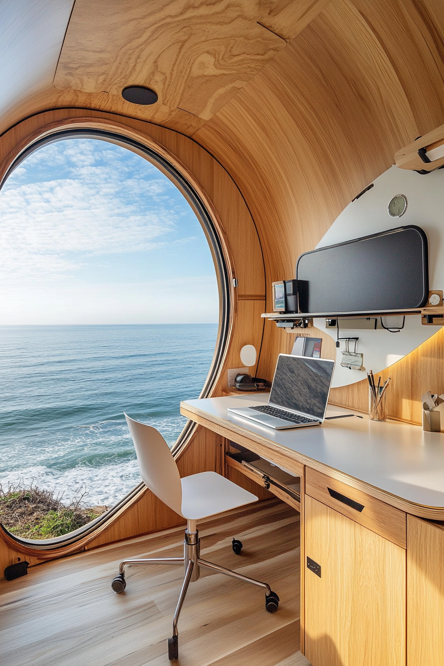 Teardrop trailer office. Expandable side with built-in standing desk, overlooking ocean.