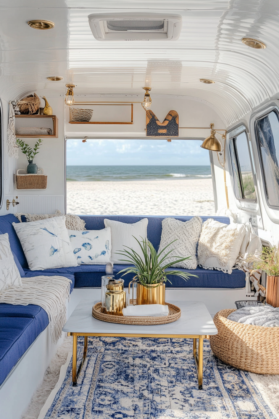 Travel trailer. Navy interior, white accents, brass details, parked beachfront.