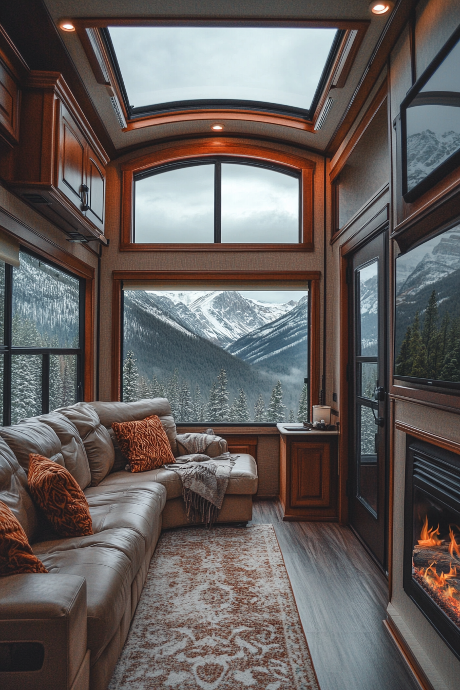 Fifth Wheel. Panoramic window lounge with fireplace, scenic vistas of snow-capped mountains.