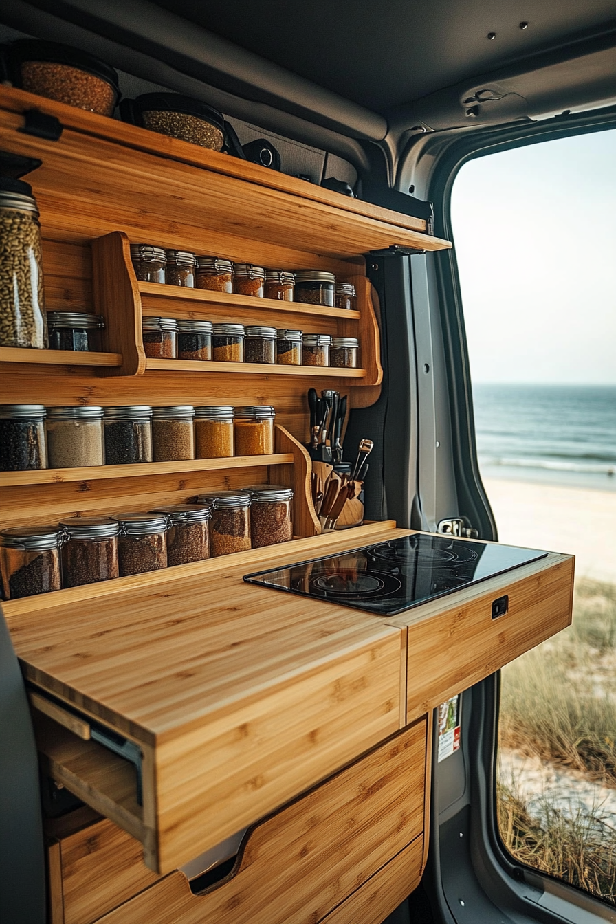 Mercedes Sprinter interior. Bamboo fold-down counter with vertical spice rack near the beach.