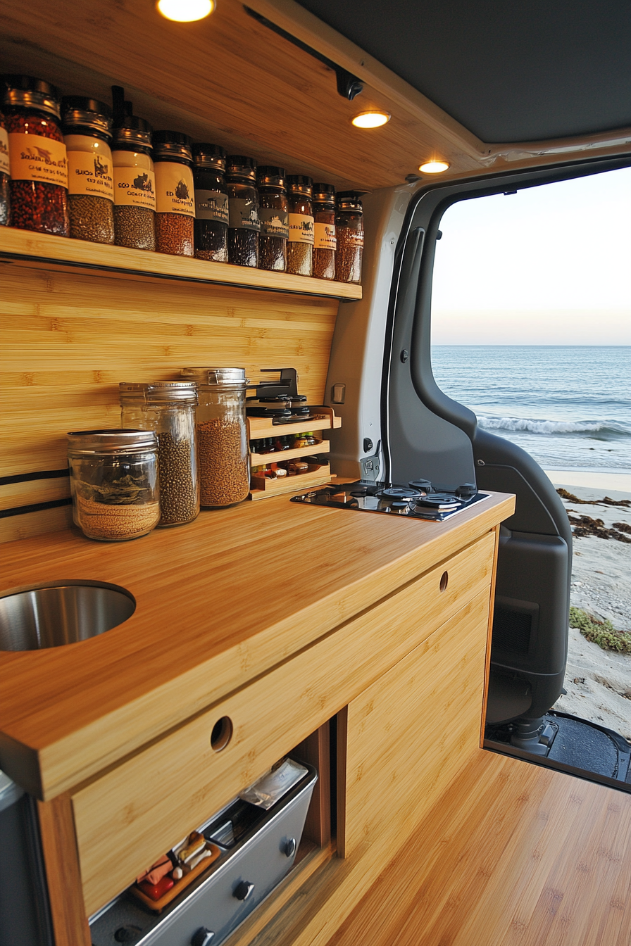 Mercedes Sprinter interior. Bamboo counter folded down, beachside, with spice racks in view.