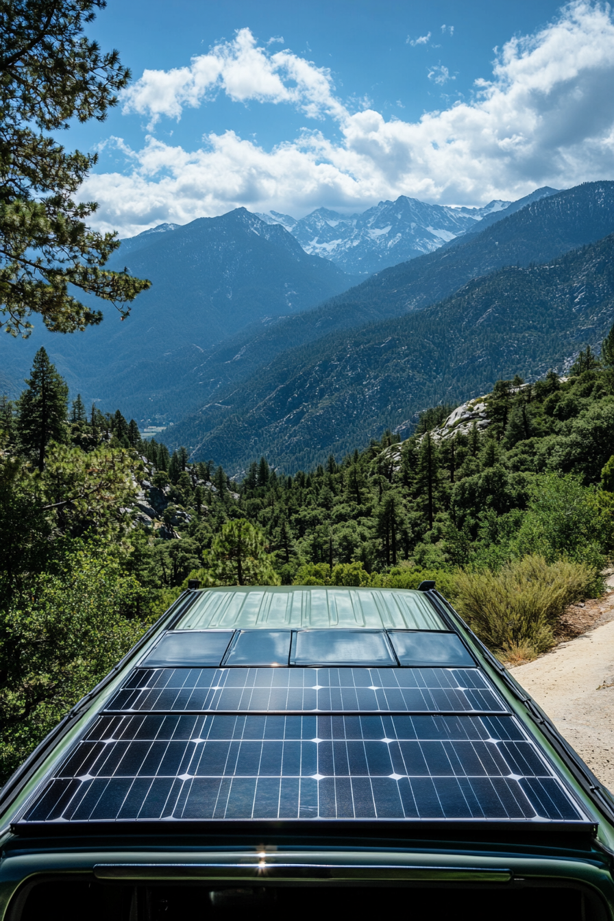 Transit Connect. Solar panel array atop van parked by Sequoia National Park.