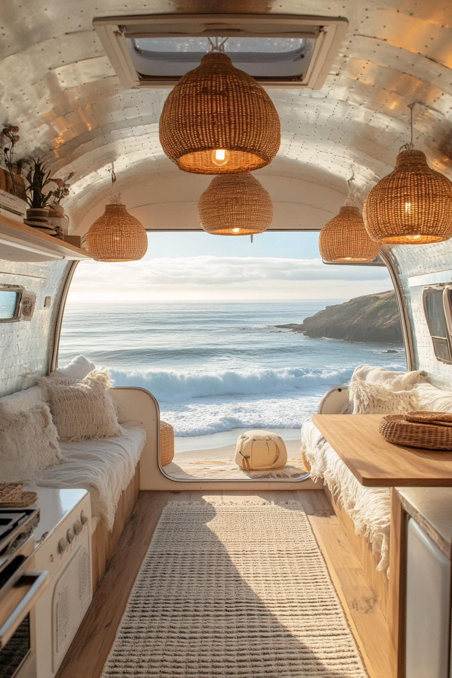 Airstream with rattan light fixtures, wave-patterned tiles, and an oceanfront view.