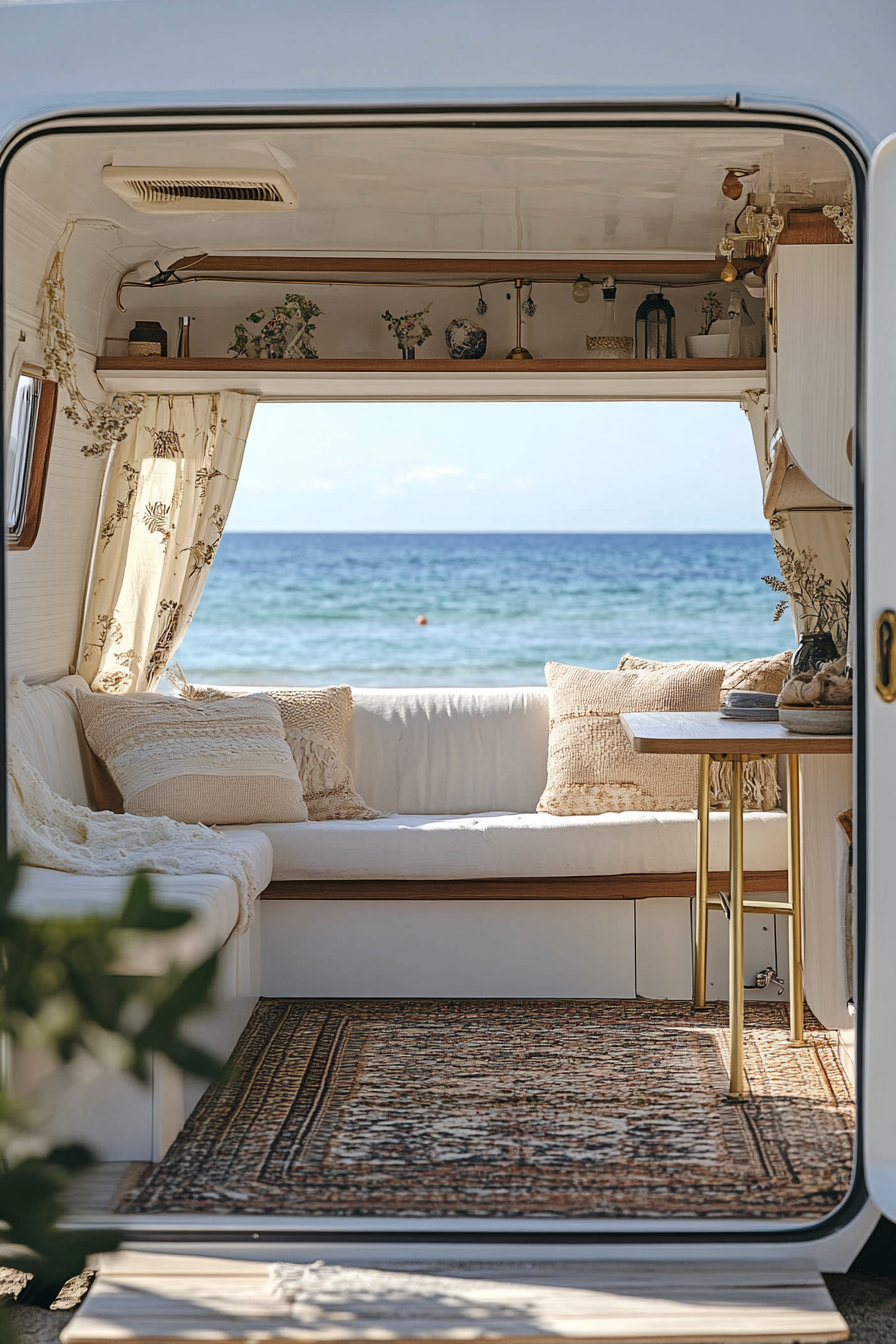 Travel trailer. Navy white interior, brass accents, parked by beach.