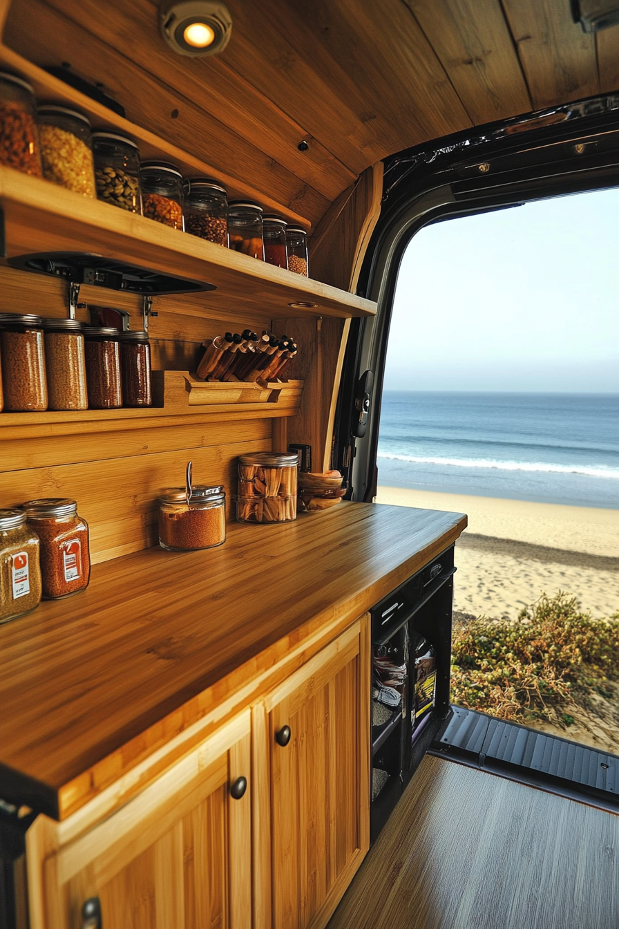 Mercedes Sprinter interior. Fold-down bamboo counter, vertical spice rack, beach view.