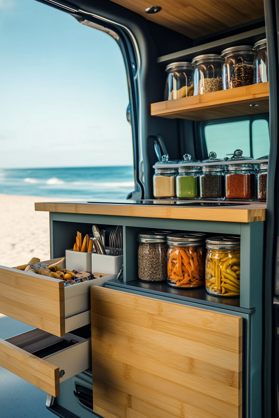 Mercedes Sprinter interior. Fold-Down bamboo counter with metallic vertical spice rack, beachside.