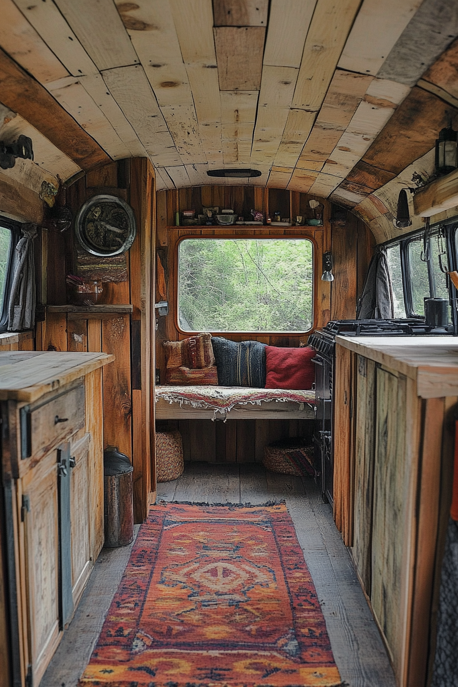 Short bus interior. Reclaimed wood paneling and steel fixtures on a forest camping ground.