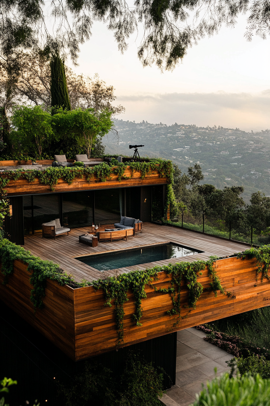 Split-Level Design. Minimalistic wooden theme, rooftop deck with ivy-covered railings, telescope, panoramic valley vista.