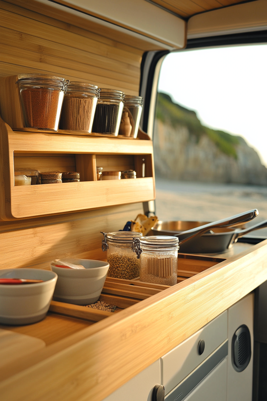 Mercedes Sprinter interior. Sand-coloured bamboo counters, vertical teak spice rack, sunset beach cooking.