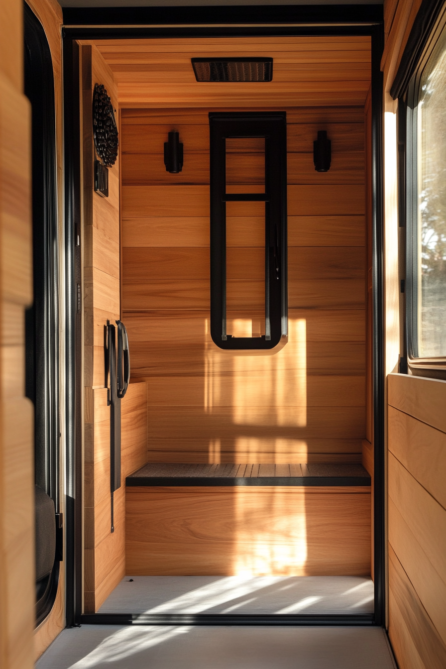 Sprinter 170 interior. Cedar-lined walls, black hardware, Mountain Ridge Basecamp design.