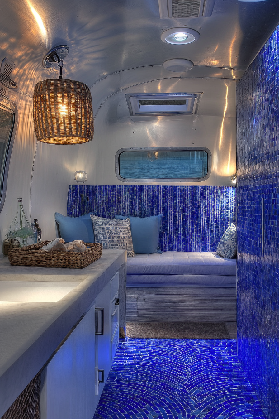 Airstream. Oceanfront ambience with dimmed rattan light fixture and cobalt blue wave tiles.
