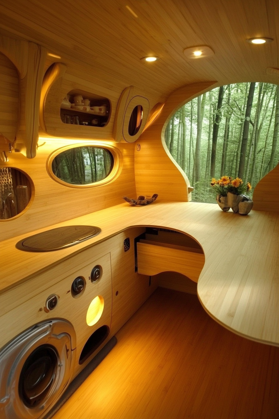 Mercedes Sprinter interior. Fold-down bamboo counters near driver's seat.