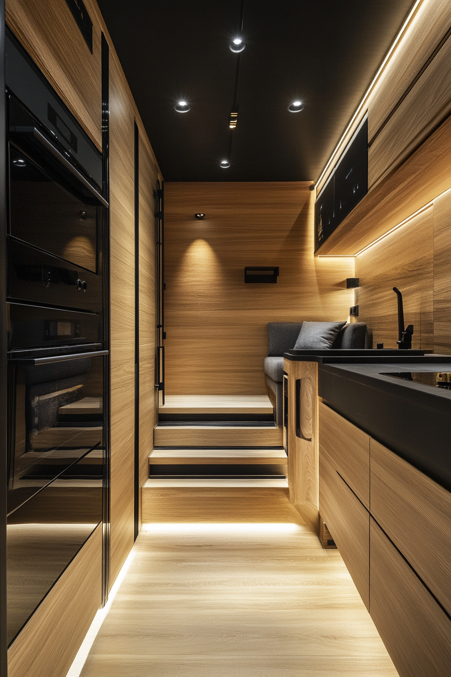Sprinter 170 design. Cedar-lined walls with black fixtures, Grey nuance furniture, and Mountain Ridge appliances.