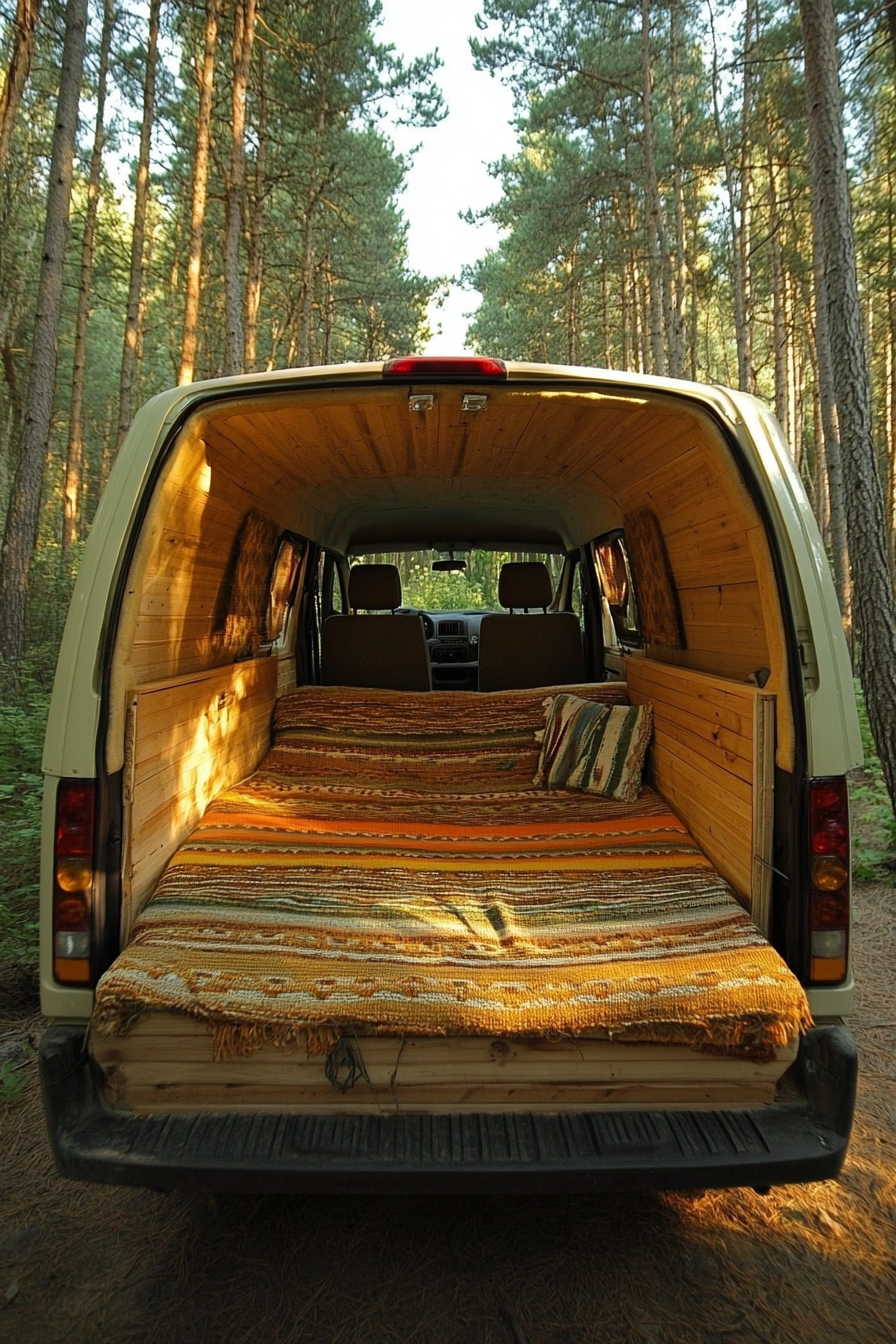 Ford Transit conversion. Woven textile lounge-bed amid pine forest.