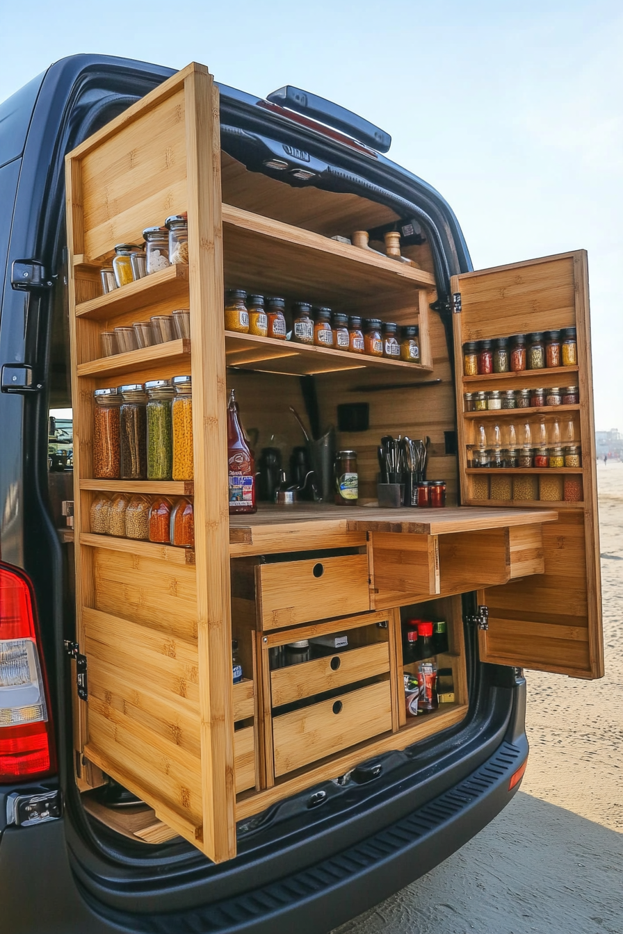 Mercedes Sprinter. Fold-Down Bamboo Counters with Vertical Spice Racks, Beachside.