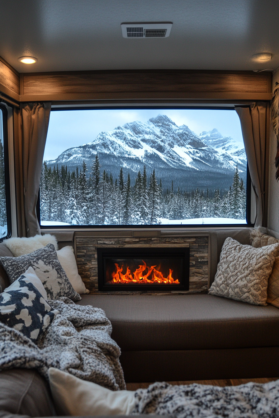 Fifth Wheel. Panoramic window lounge, fireplace, view of snow-capped peaks.