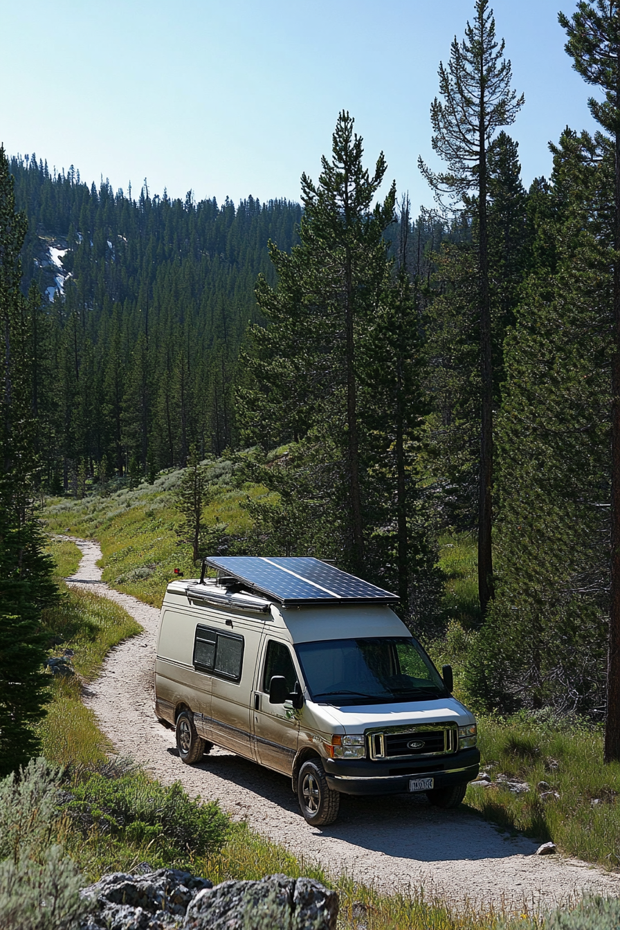 Transit Connect. Solar panels on rooftop, composting toilet inside, parked beside Yellowstone's geysers.