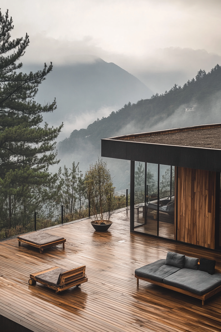 Split-level design. Wooden rooftop deck overlooking a misty valley, mountaintop car park.