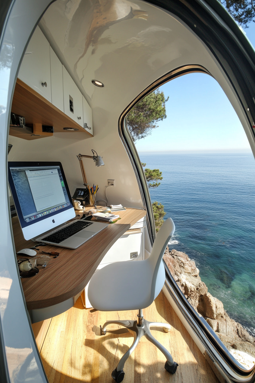 Teardrop trailer office. Expandable side with built-in a standing desk, overlooking the sea.