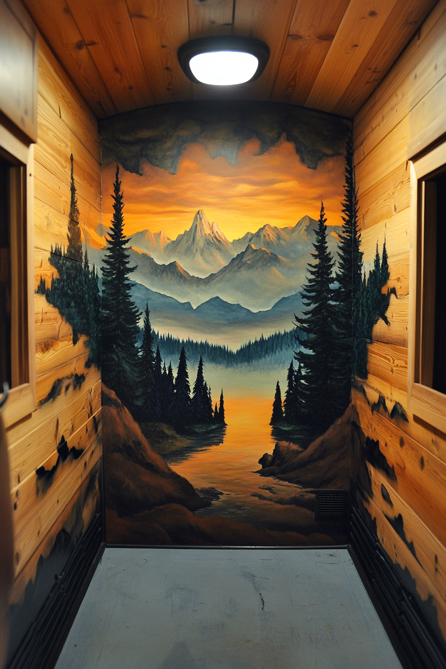 Sprinter 170. Cedar walls with black hardware, interior mountain twilight mural.