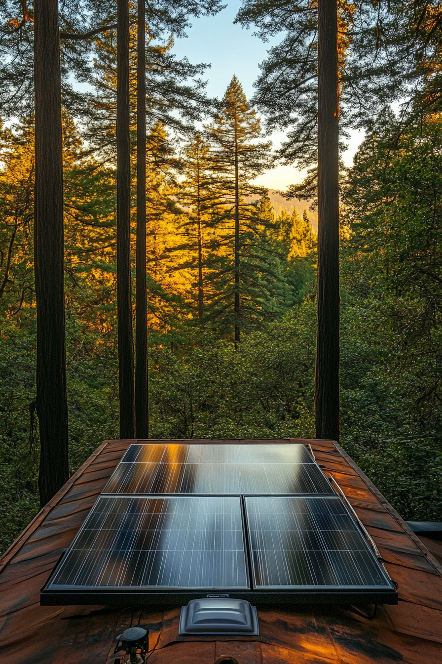 Transit Connect. Rooftop solar panel array, composting toilet, healthy Redwood trees view.