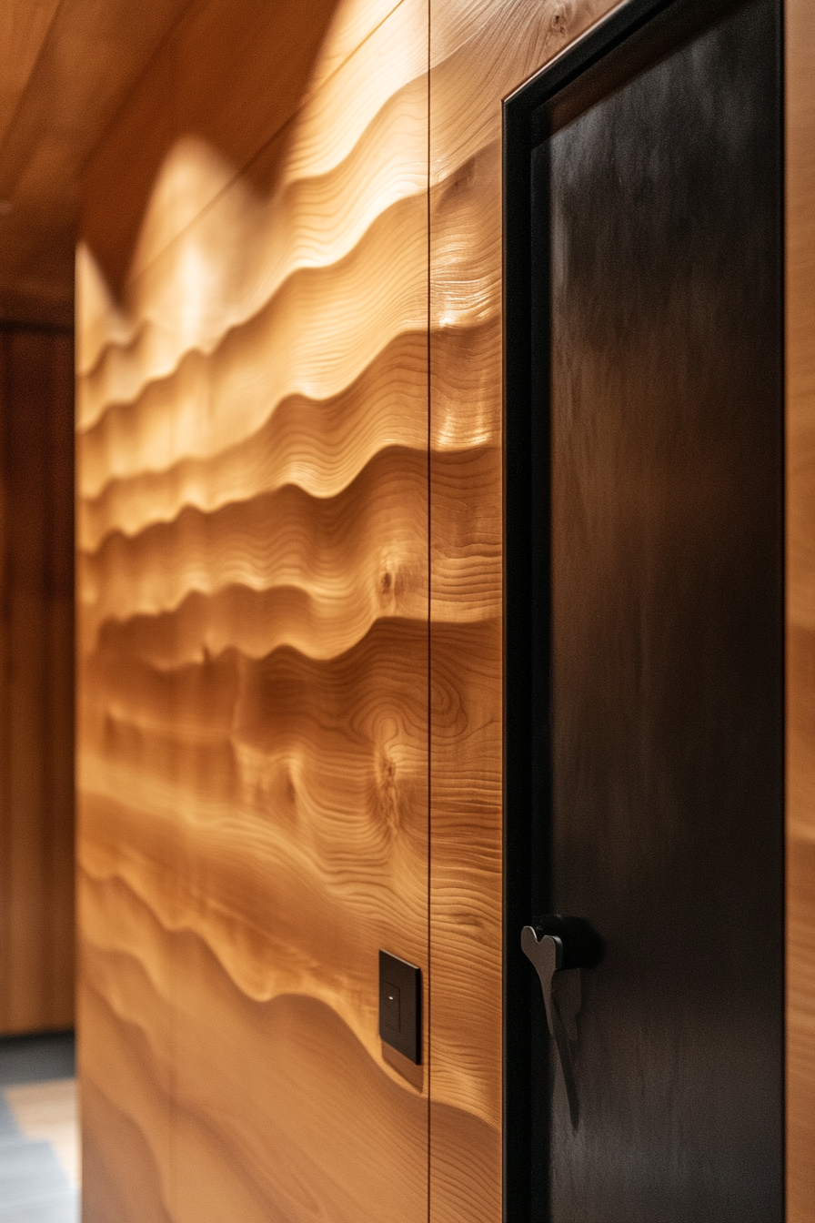 Sprinter 170 interior. Cedar-lined walls featuring black matte hardware with Mountain Ridge baseboarding.