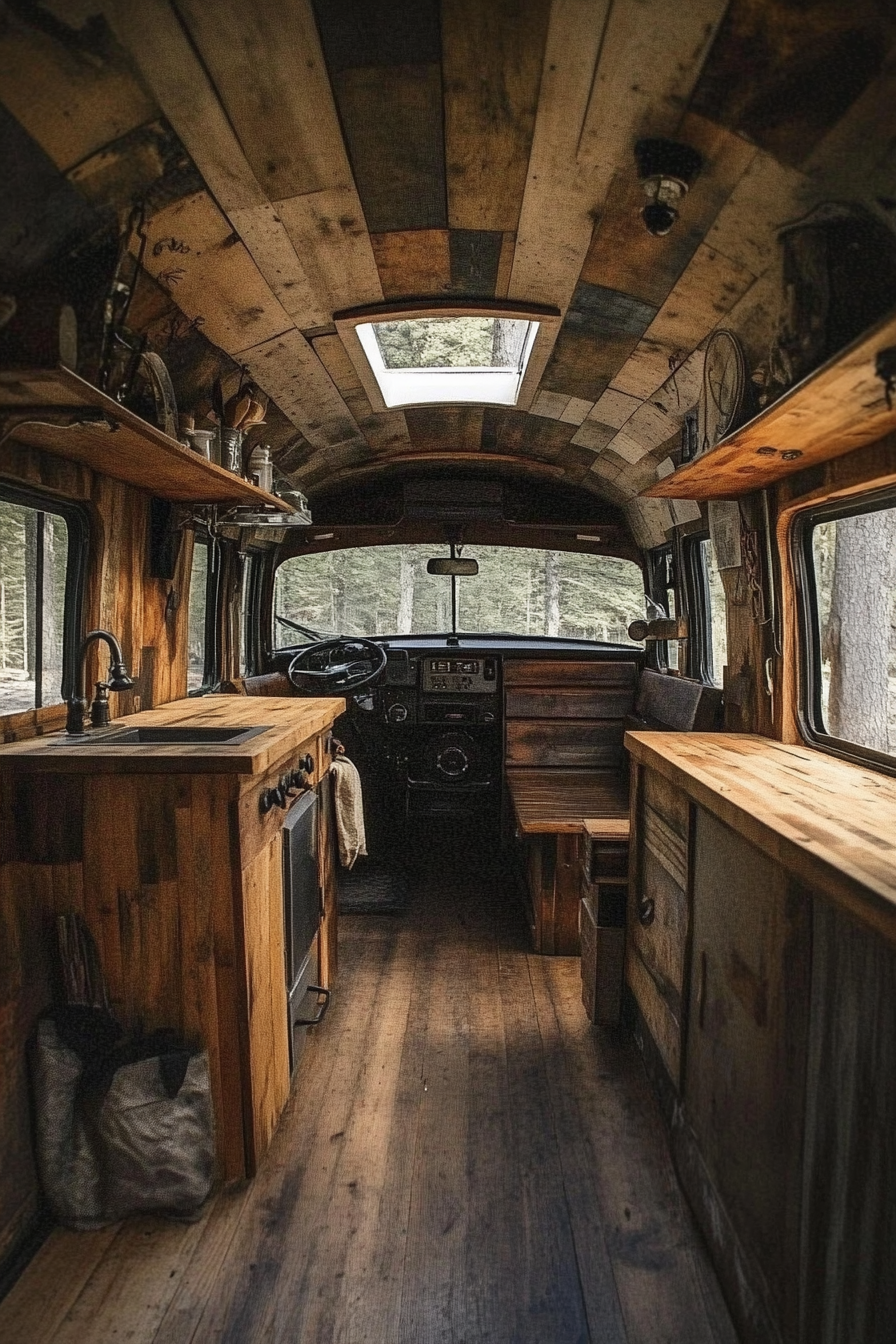 Short bus interior. Reclaimed wood kitchenette, forest camping ground, steel fixtures.