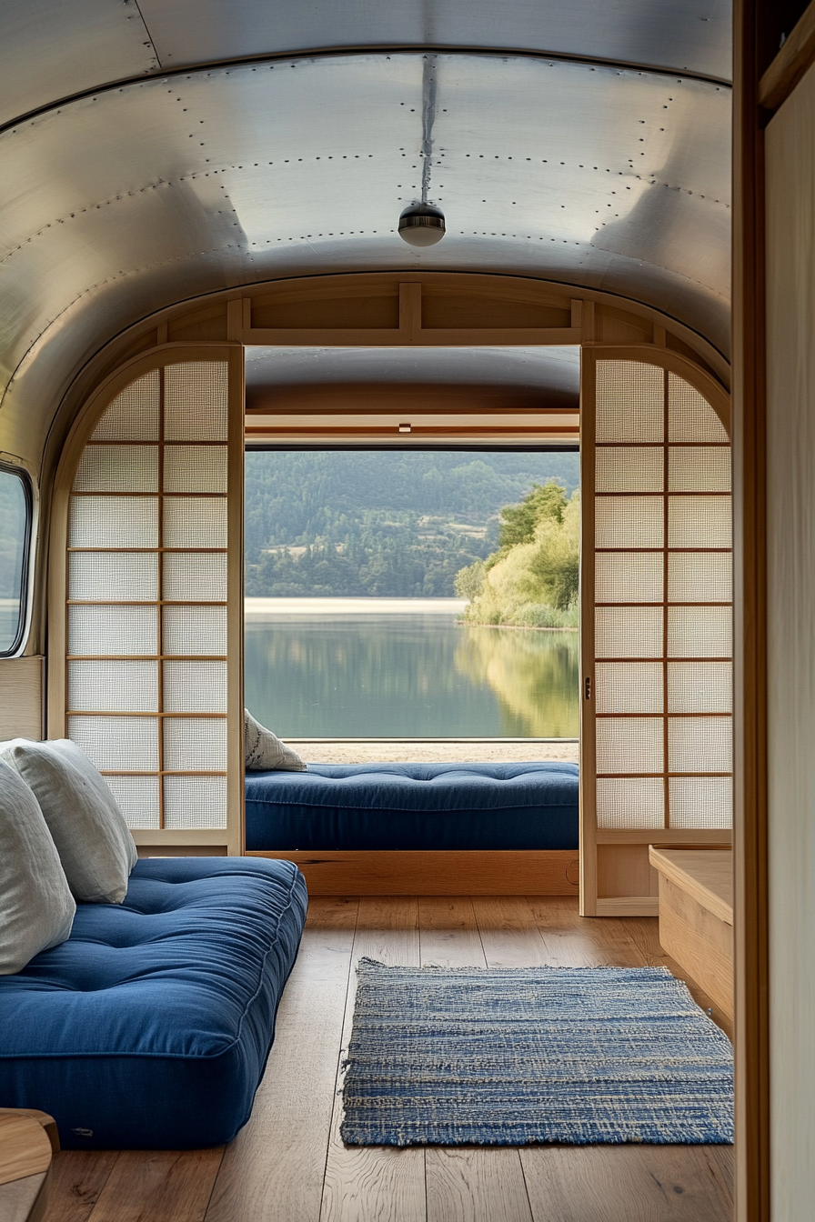 Airstream Classic interior. Shoji screen room dividers, blue floor cushions, overlooking serene lakeside.